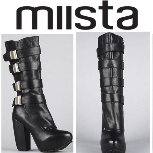 Miista Shoes - Miista Black Leather Strappy Platform Moto Boots